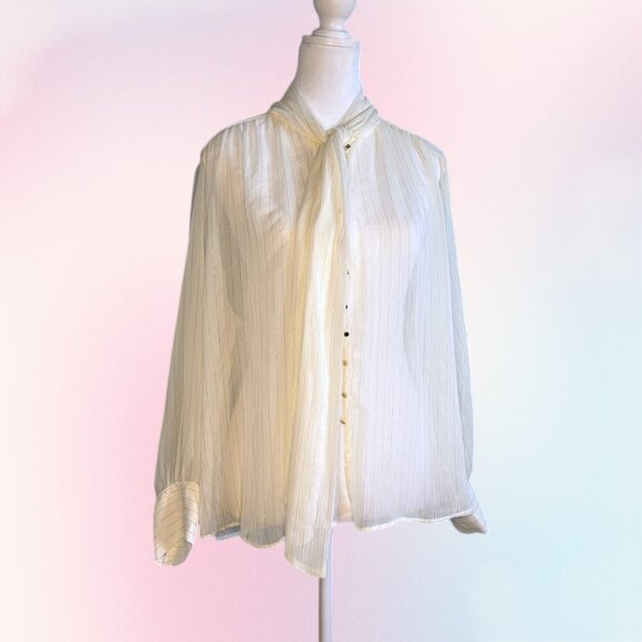 Zara Flowy Sheer Gold Pinstripe Long Sleeve Blouse Size L Ivory & Gold - Picture 1 of 6